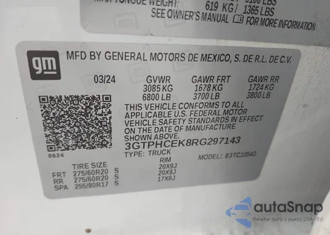 2024 GMC Sierra 1500 2Wd Short Box Elevation z USA, uszkodzony, nr VIN 3GTPHCEK8RG297143